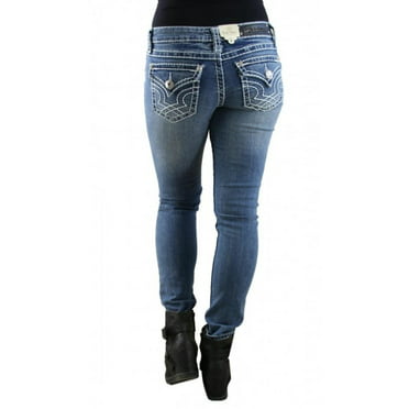 LA Idol Rose 2 Rhinestone Studded Medium Wash Denim Bootcut Flap Pocket Jeans